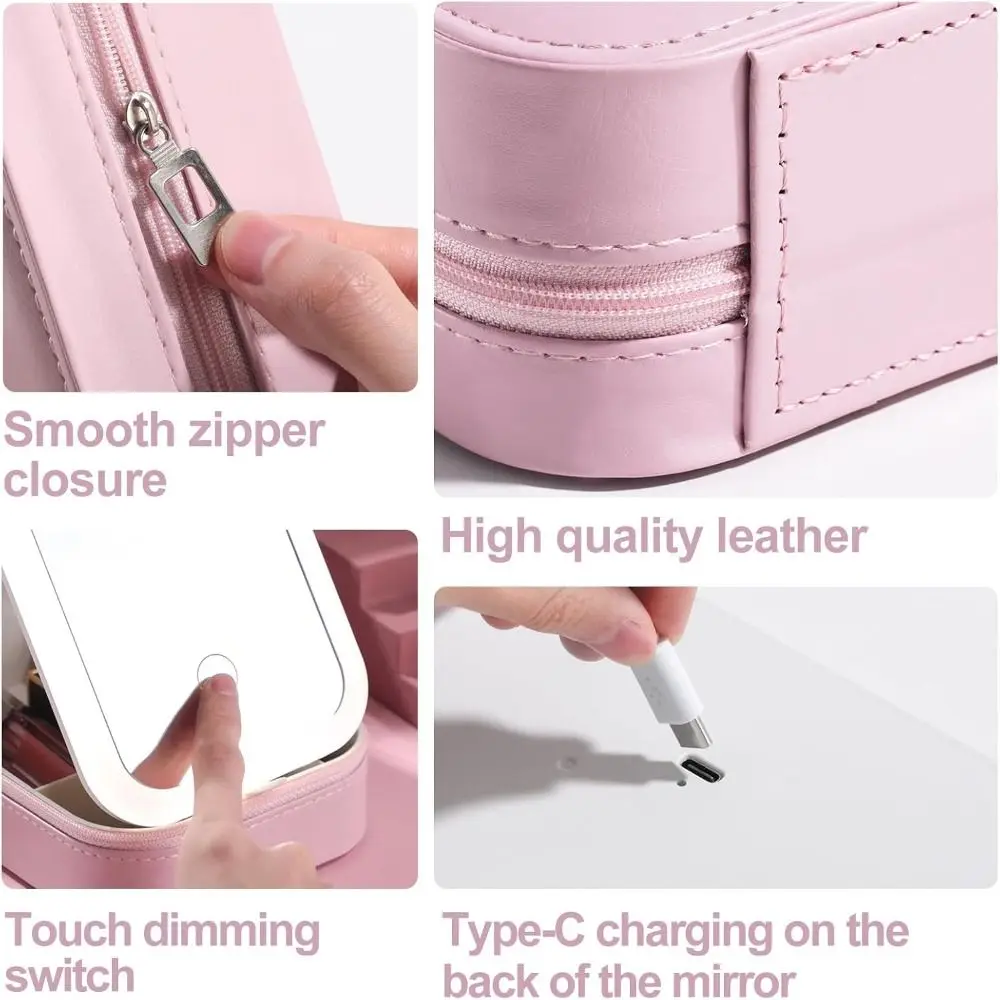 Portable LED Makeup Bag with Mirror 3 Colors Lighting Multi-Compartment Makeup Storage Box Travel Cosmetic Mirror Case