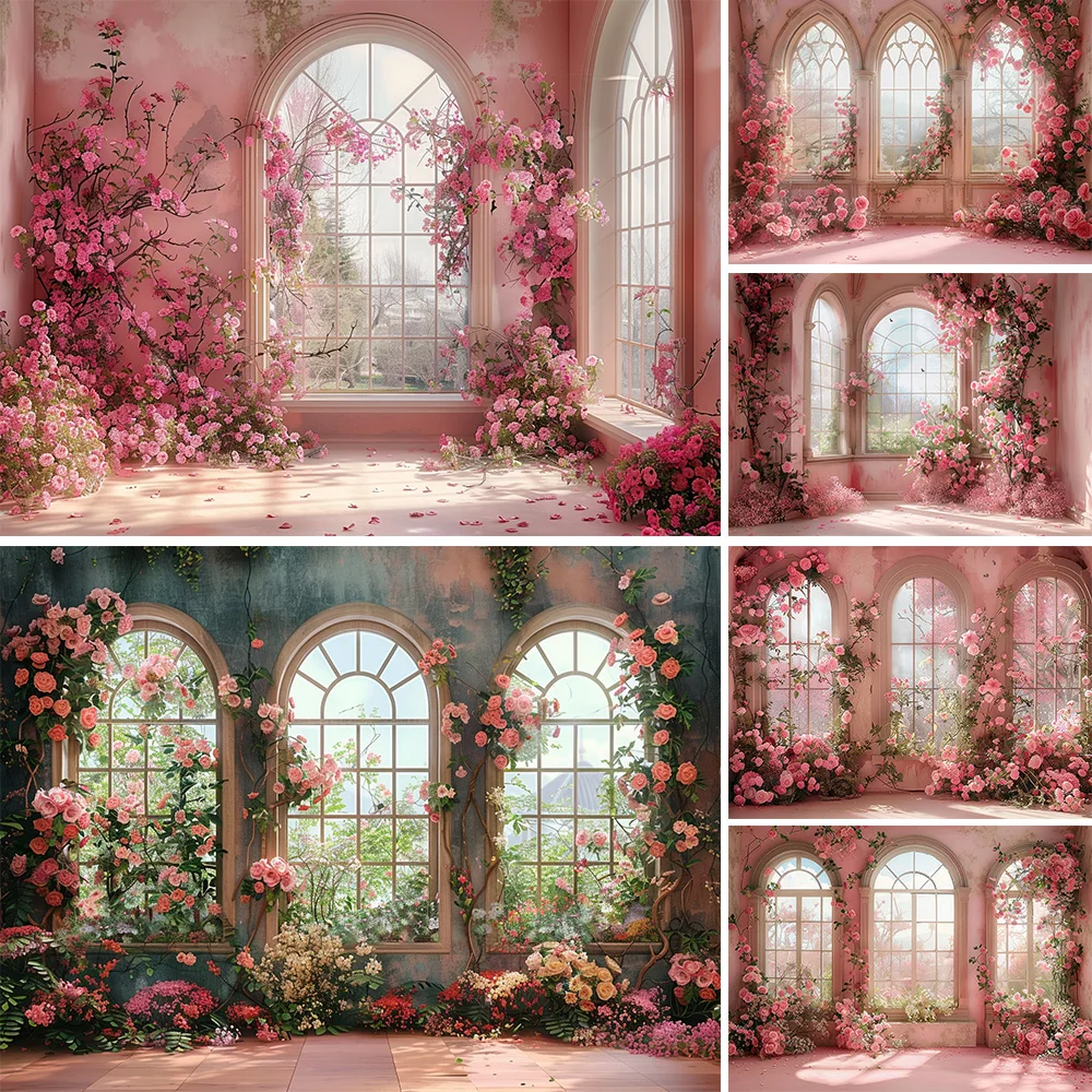 Mocsicka Photography Background Studio for Girl Woman Art Photo Backdrop Retro Arch Window Pink Floral Interior Photobooth Prop