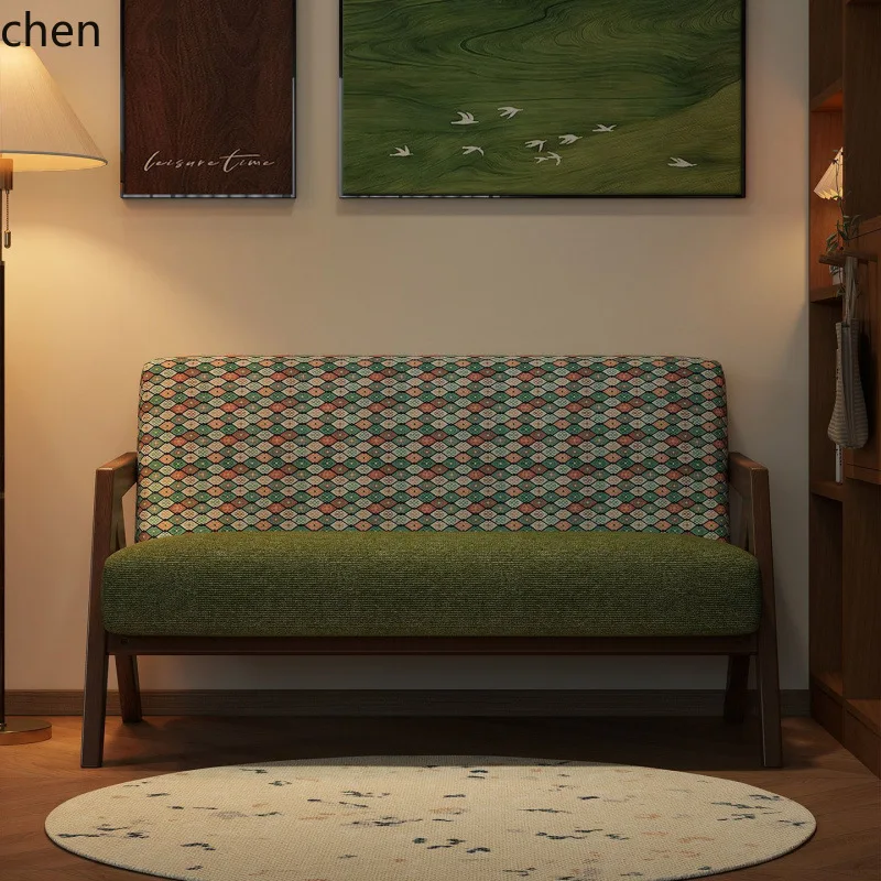 LXC Retro Solid Wood Sofa Double Seat Living Room Apartment Hotel Homestay Fabric Small Sofa