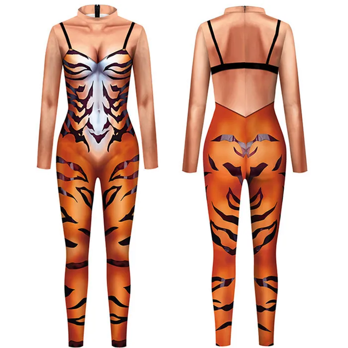 Uomo donna body Animal Tiger Leopard Print costumi Cosplay Halloween Party tute a maniche lunghe abiti fantasia