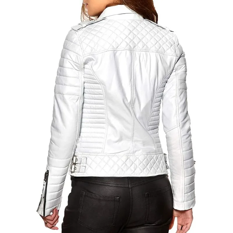 Women's White Riding Pure Authentic Lambskin Leather Jacket Quilted Fashion Wear