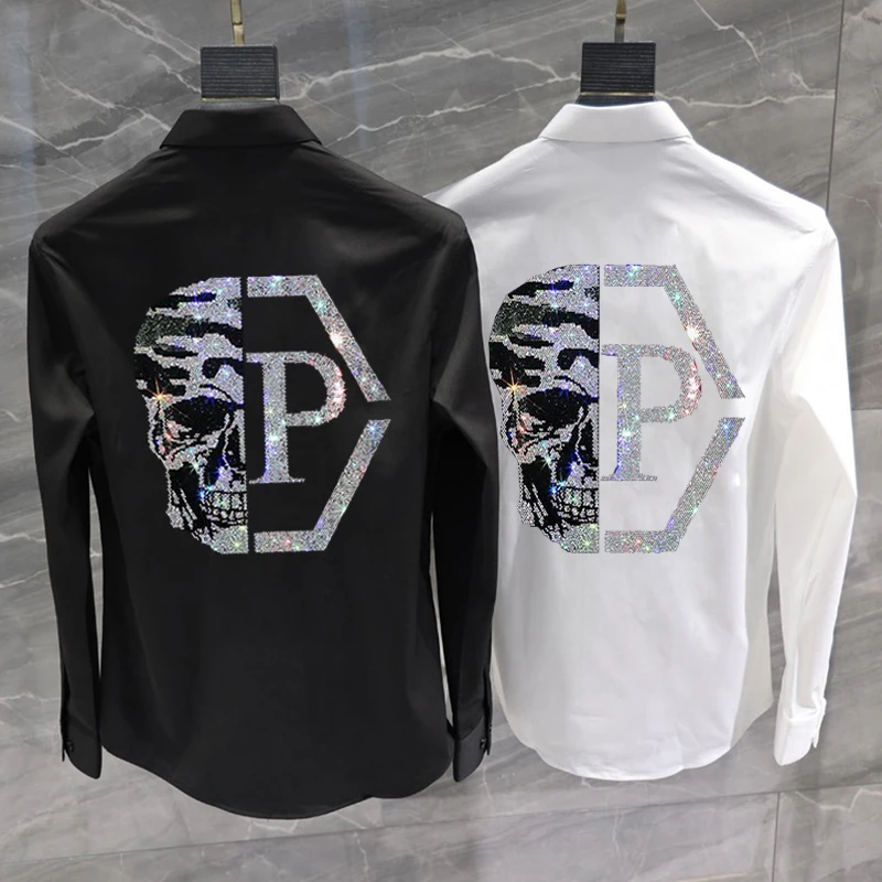 Fashion New Loose Hip-Hop Hot Style Men's Shirt Skull With Diamonds Shiny Personality Casual Bottoming High Quality Long Sleeves