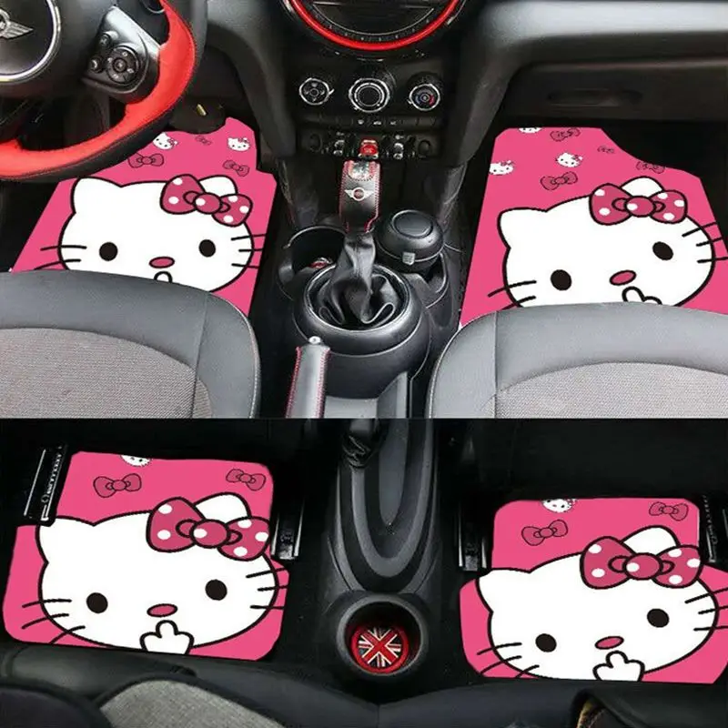 4 Piece Set Hello Kitty Car Cushion Kawaii Card Cover Floor Mat Fashion Cartoon Figure Pattern Mat Soft Winter Convenient Decor