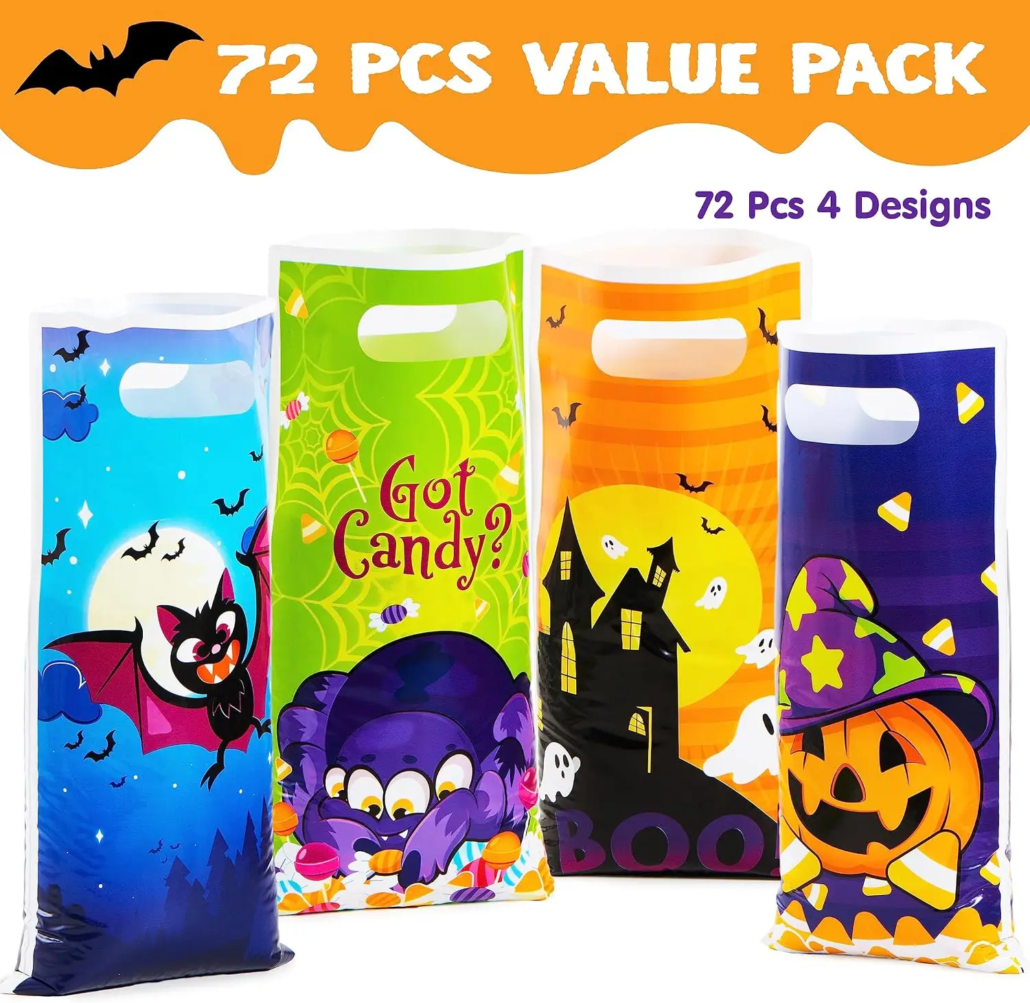 72 PCS Halloween Trick or Treat Bags Halloween Goodie Candy Bags Goody Gift Bag, 4 Designs Plastic Snack Bag Bulk for Kids Trick or Treating, Classroom Party Favors, Event Party Supplies