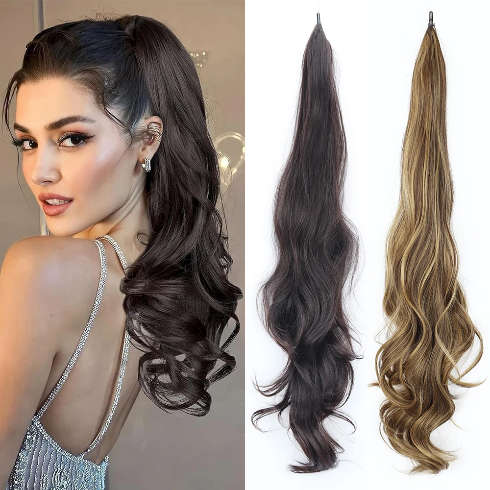 AZQUEEN 30Inch Synthetic PonyTail Long Layered Flexible Wrap Around Fake Tail Hair Extensions Natural Wavy Hairpiece for Women