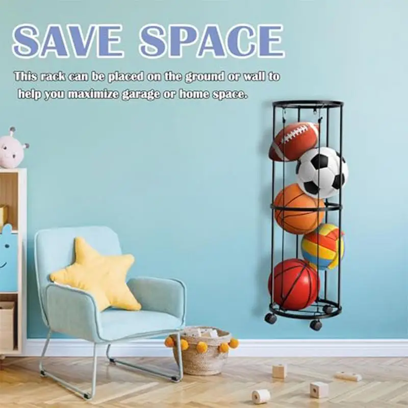 Garagem Basketball Rack para Sports Ball Storage, Rolling Holder, armazenamento de futebol