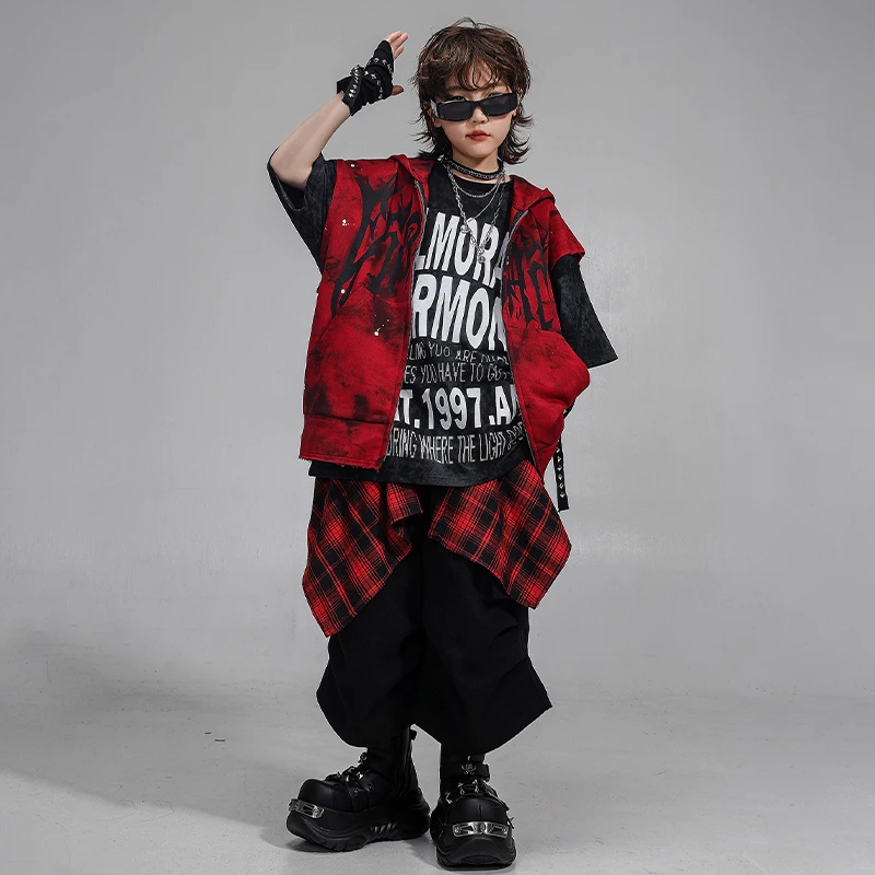 Boys Hip Hop Dancing Graffiti Hooded Vest Sweatshirt Street Dance Short Girls K-pop Costume Kids Streetwear Children Clothes Set