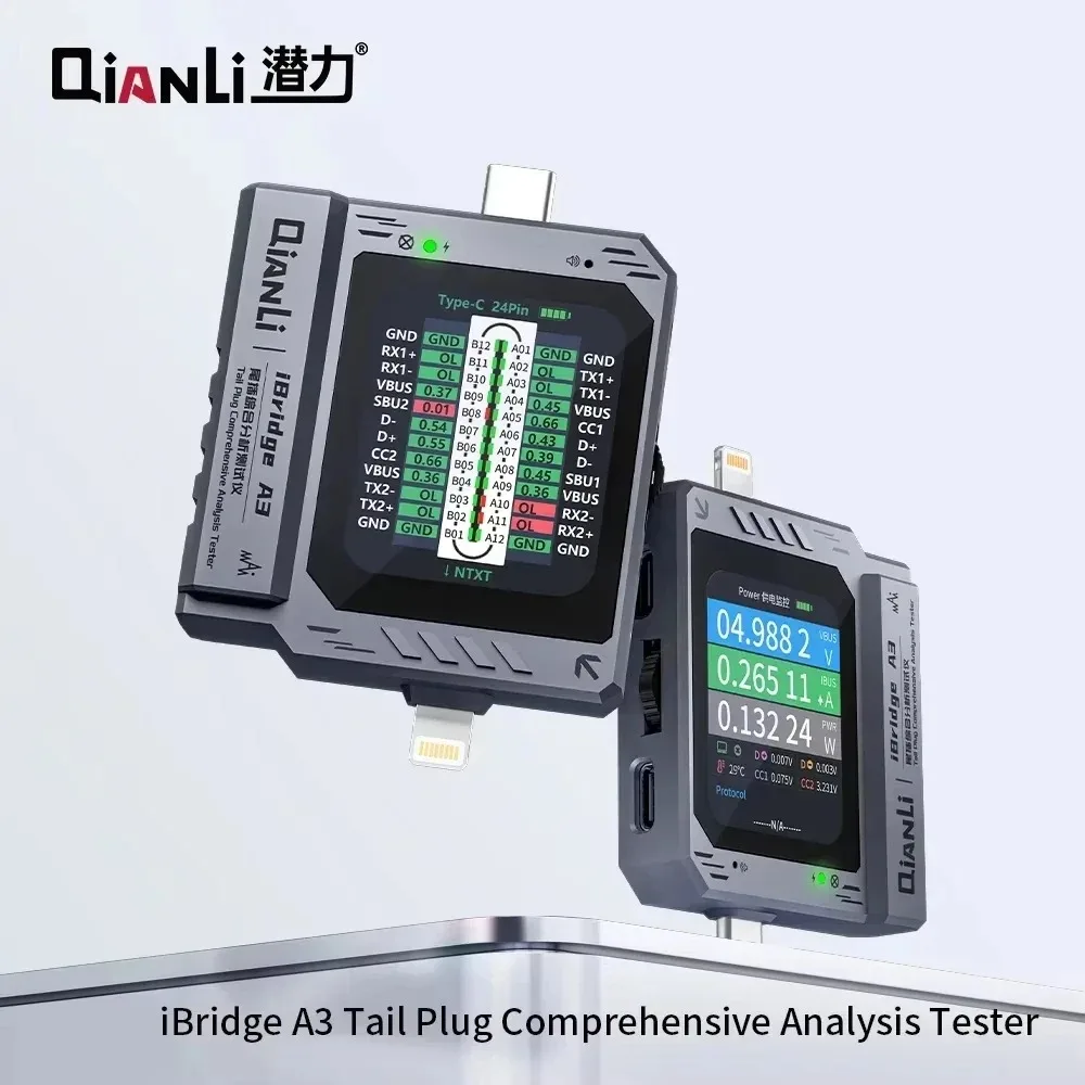 QIANLI iBridge A3 staartstekkerdetector voor onderhoud van mobiele telefoons Ondersteuning Lightning en Type-C stroomspanningsdetectietool