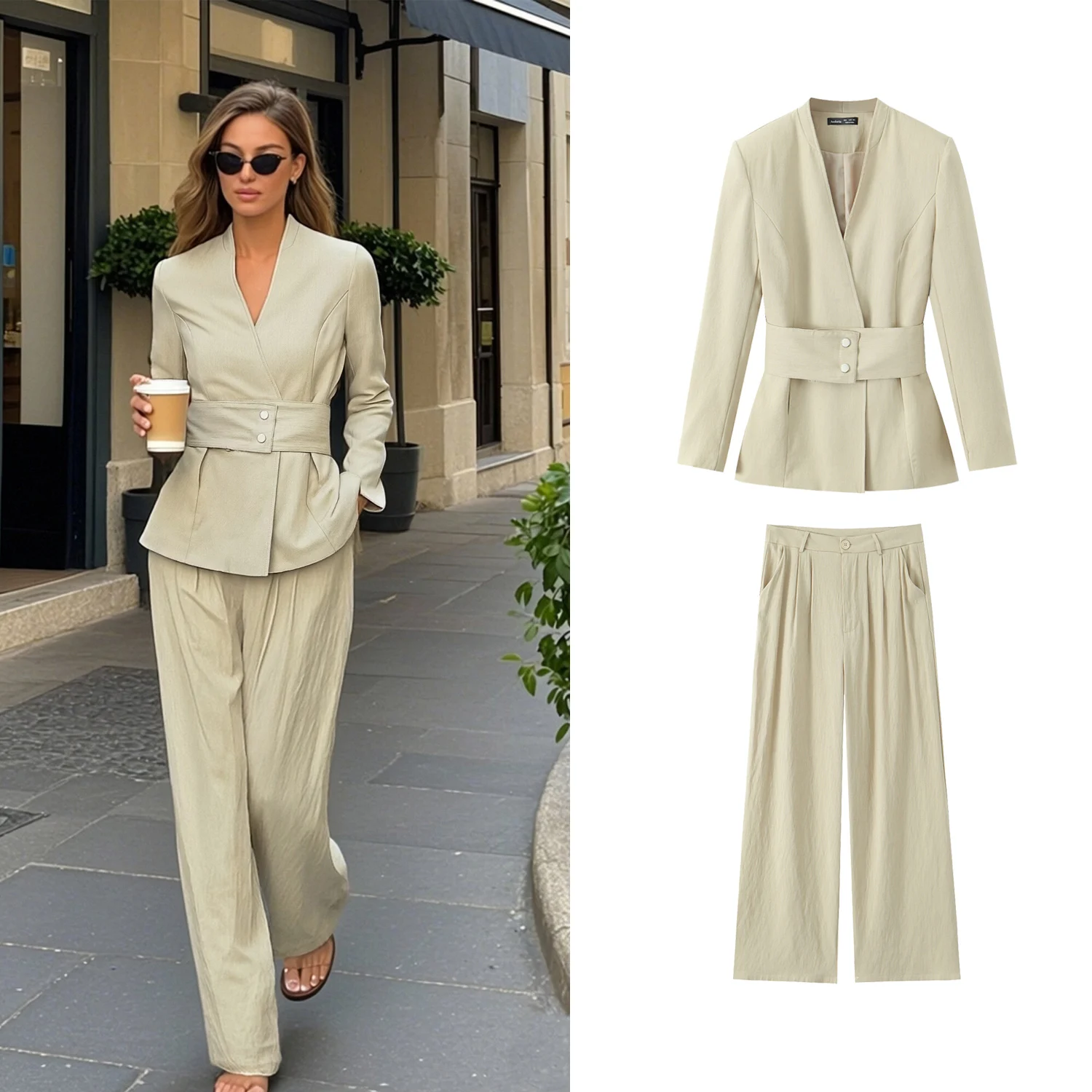 

Женский костюм-двойка: приталенный блейзер с V-образным вырезом и свободные брюки с широкими штанинами, коллекция 2026