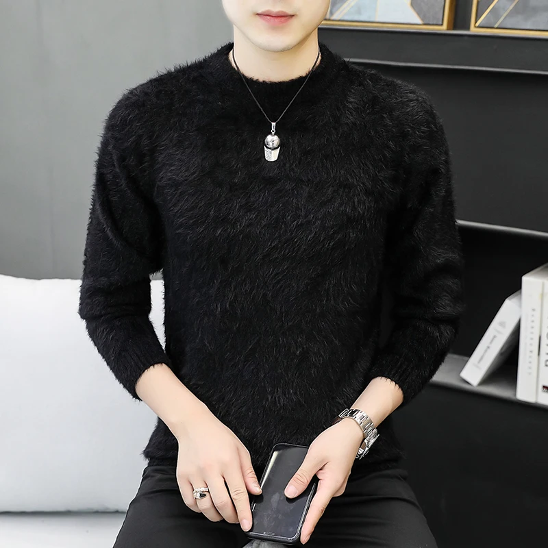 

Утепленный мужской вязаный свитер с подкладкой из меха кролика, базовая цветная рубашка для осени и зимы, молодежная повседневная мода