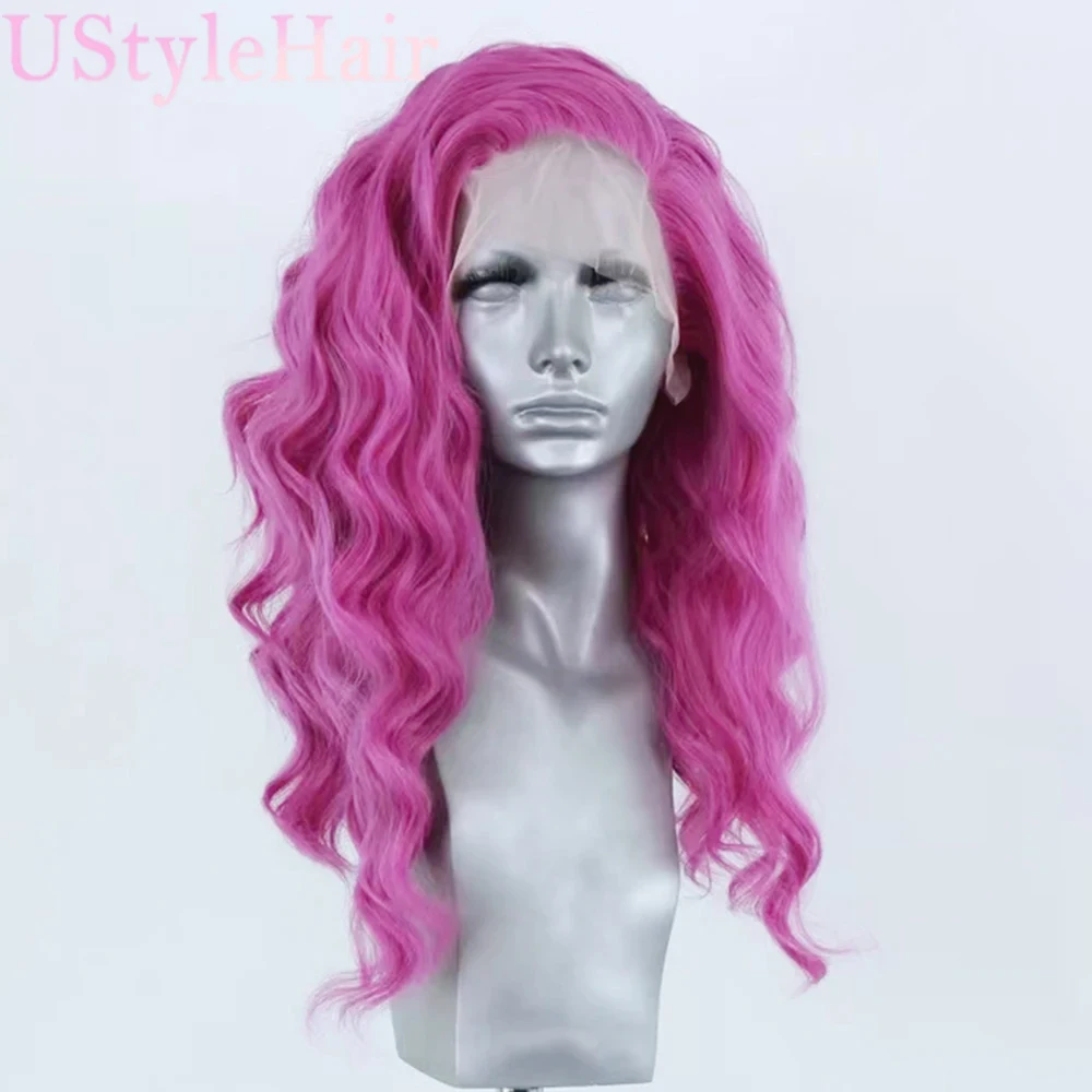 UStyleHair Hot Pink Lace Wig Long Body Wave Lace Front Wig for Women Girls Natural Hairline Heat Resistant Synthetic Hair Daily