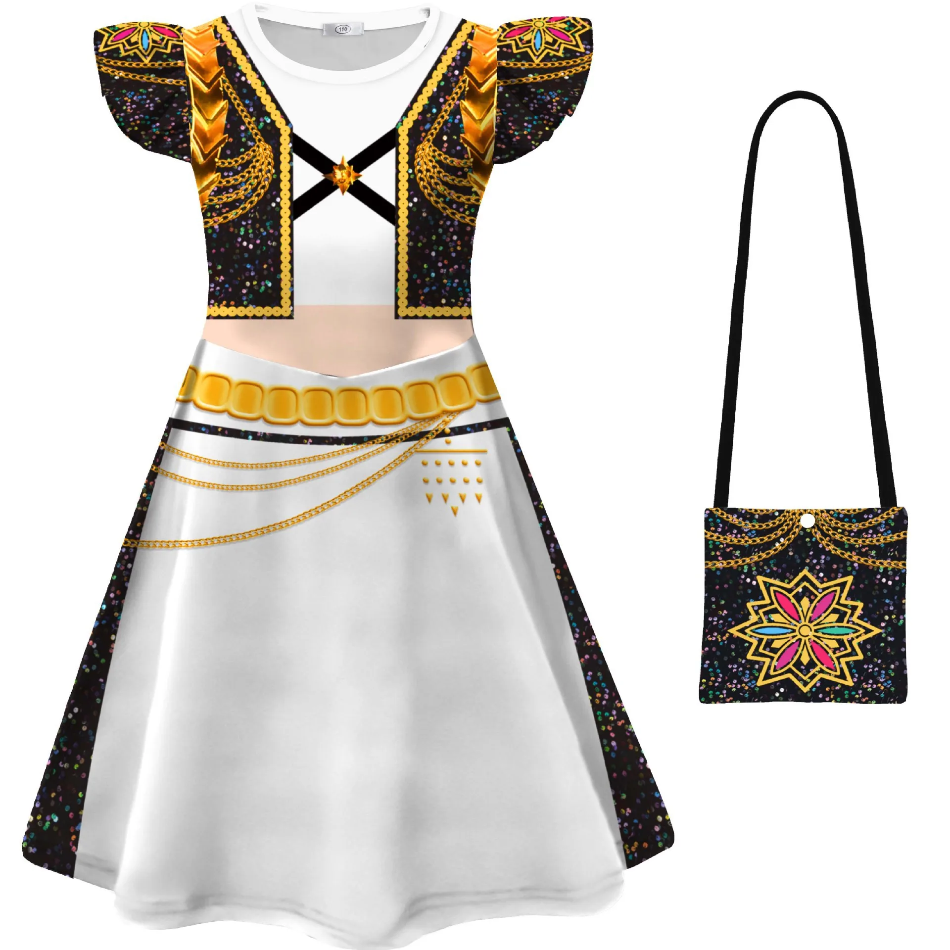 K-POP الساحرة هانت أداء تأثيري فتاة تحلق الأكمام الحليب فستان حريري + حقيبة هالوين لعب الأدوار زي فستان الأطفال