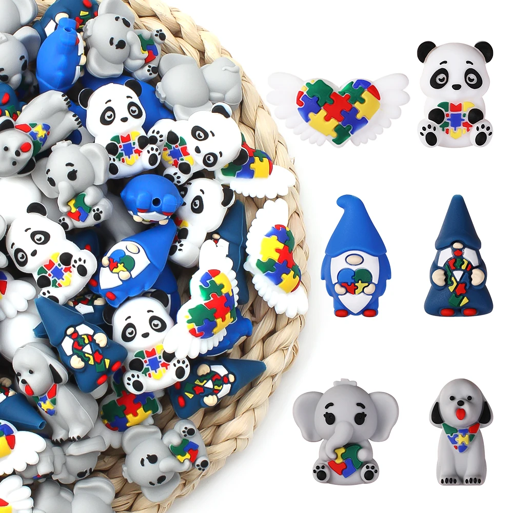 6/12pcs Autism Themed Silicone Beads Love Puzzle Design Animal Focal Bead DIY Keychains Jewelry Bracelets Necklaces Crafting Kit
