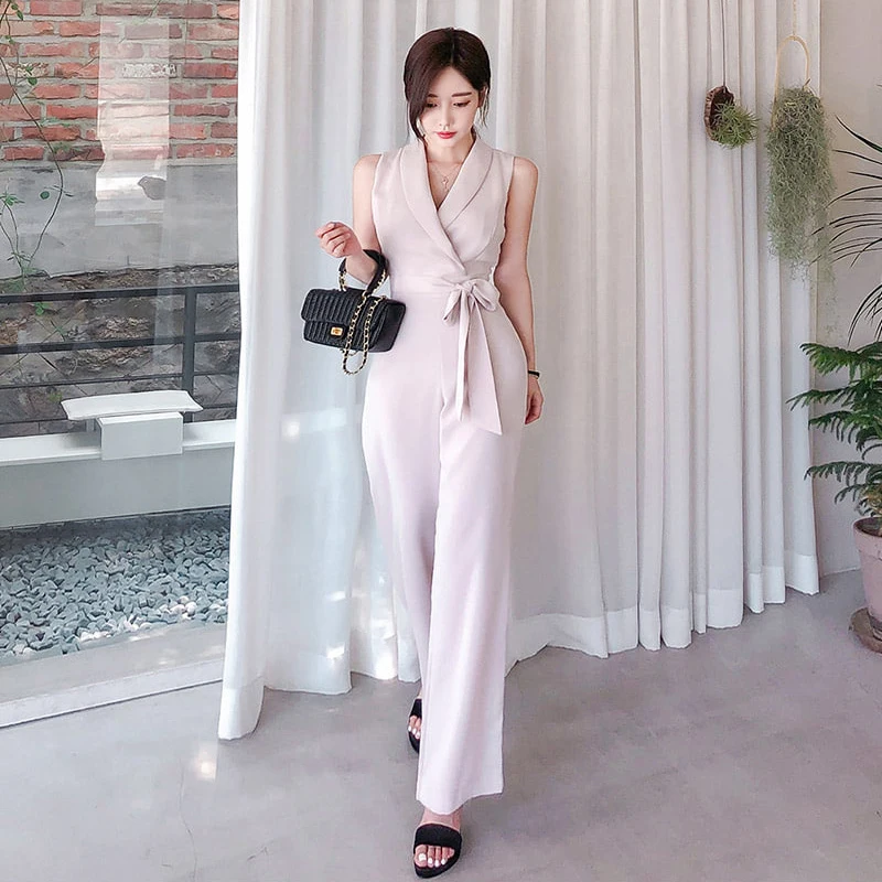 Summer 2020 Wide Leg Jumpsuit Slimming Waist Design Suit Collar Professional One-Piece Pants Elegant Lady Style Long Pants