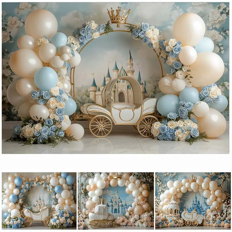LS Photography Background Arch Balloons Floral Castle Decor Birthday Cake Smash Girl Princess Portrait Photo Backdrop Studio