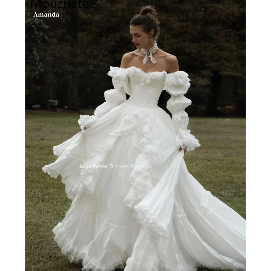 Amanda Customized White Off Shoulder Puff Detachable Sleeve Prom Dress Lace Ruffle Corset Voluminous Tiered Skirt Vintage 2026