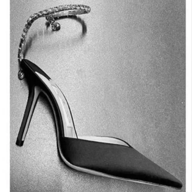 2025 New Spring/Summer Silk High Heel Crystal Pendant Water Diamond Chain Pointed Fine Heel Sexy Women's Sandals Wedding Shoes
