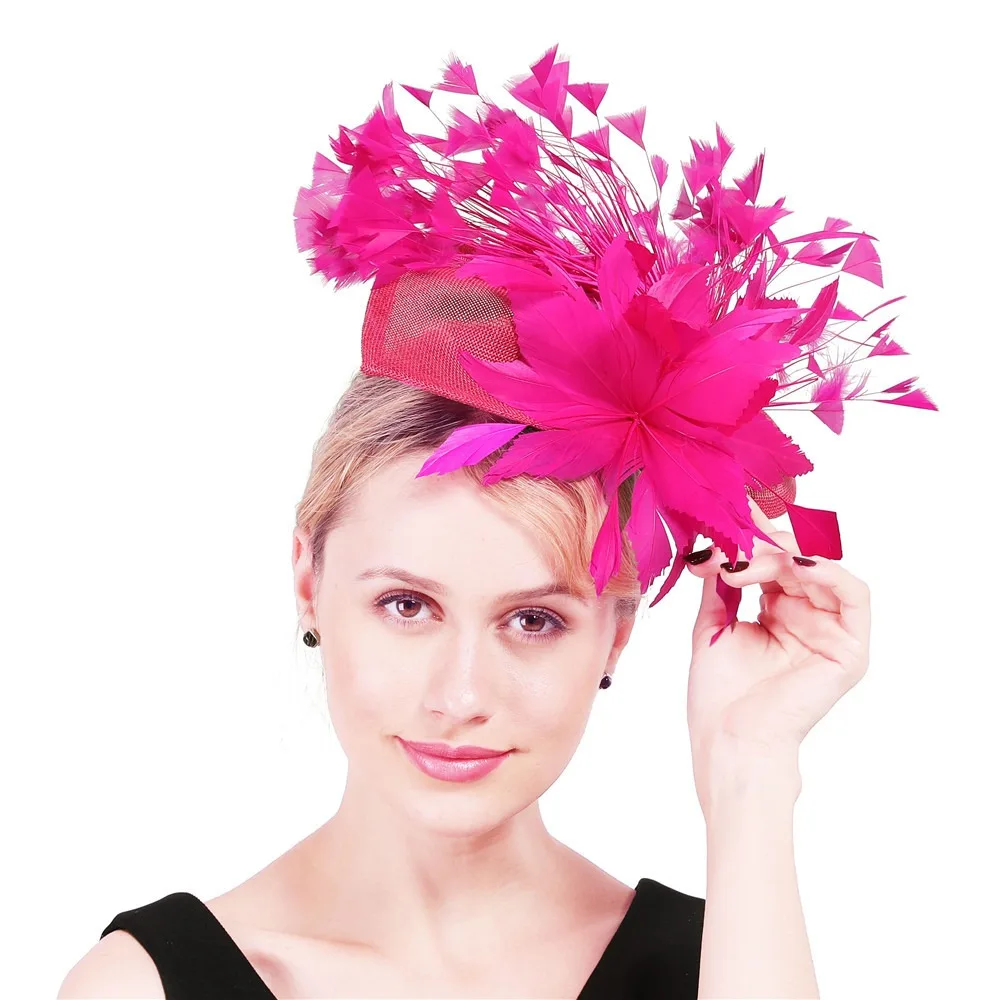 Hot Pink Gorgeous Fascinator Hat With Clips Elegant Women Fancy Feathers Wedding Hats Bridal Hair Accessories Lady Millinery