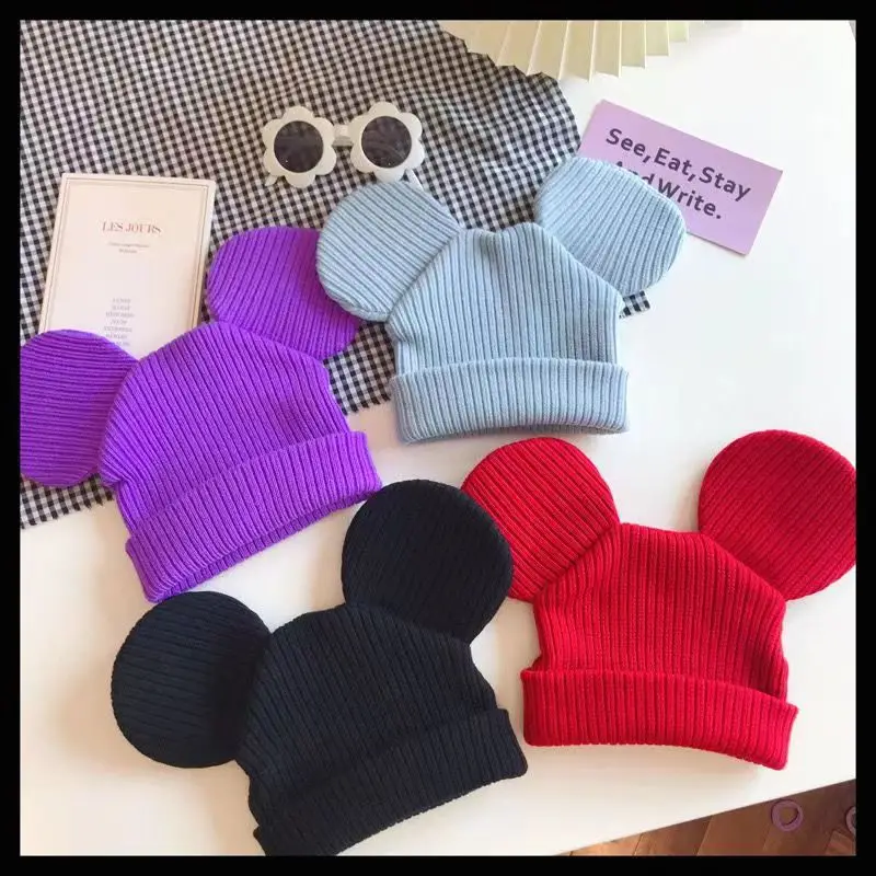 Disney Big Ears Mickey Mouse Knitted Hat Women Cartoon Minnie Warm Bonnet Hats Girl Kids Casual Winter Hat Fashion Wrap Cold Hat