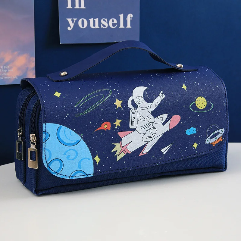 Bolsa de lápices para estudiantes de primaria y secundaria, caja de papelería de astronauta espacial, bolsa de bolígrafos multicapa de gran