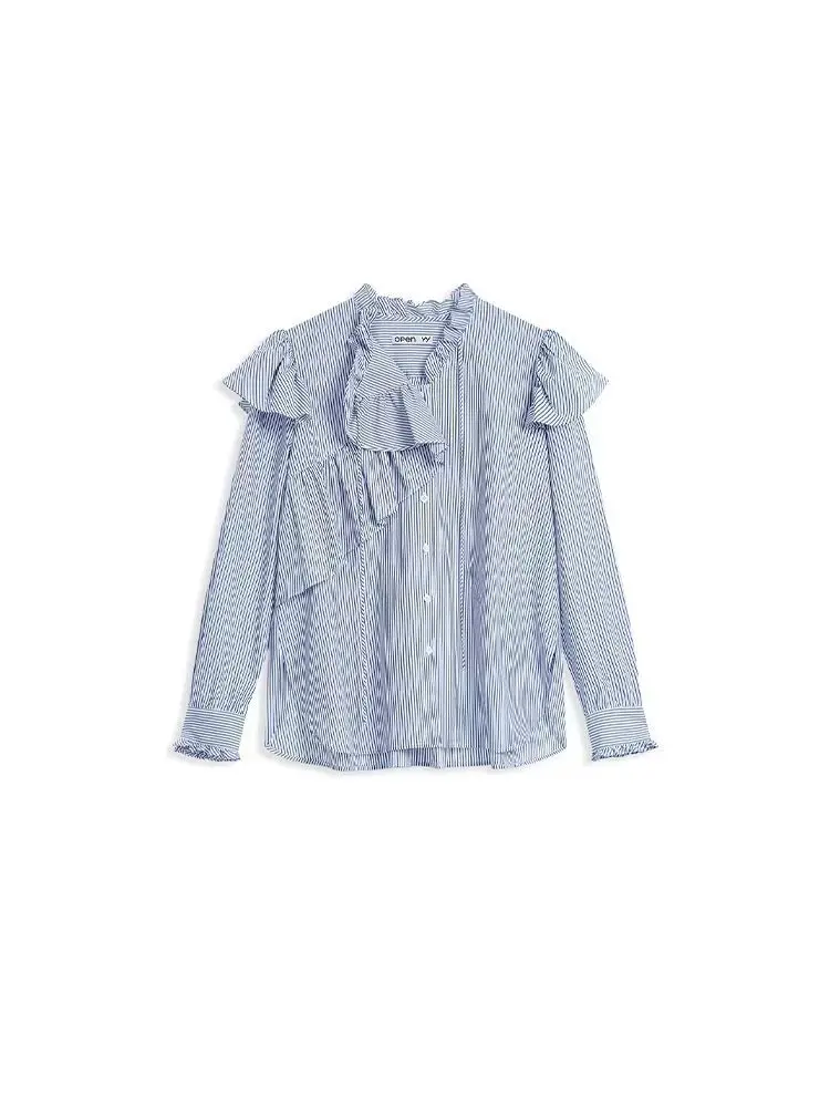 قميص مفتوح YY 2025 قميص نسائي كوري جديد غير منتظم مخطط بطيات وأكمام طويلة #4