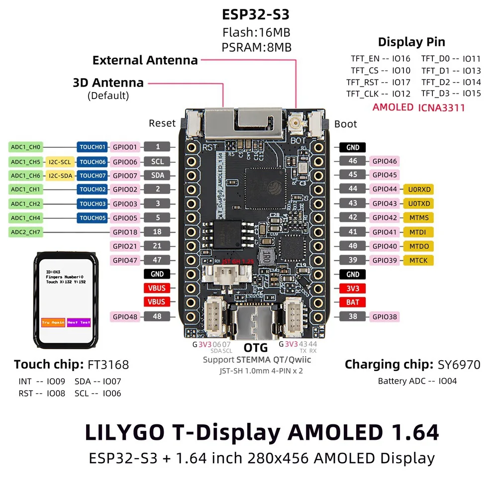 IYBBW-T-Display-S3 ESP32-S3 AMOLED 1.64 Polegadas ICNA3311 Tela de Toque Flash-16MB PSRAM-8MB WIFI Módulo Sem Fio Bluetooth
