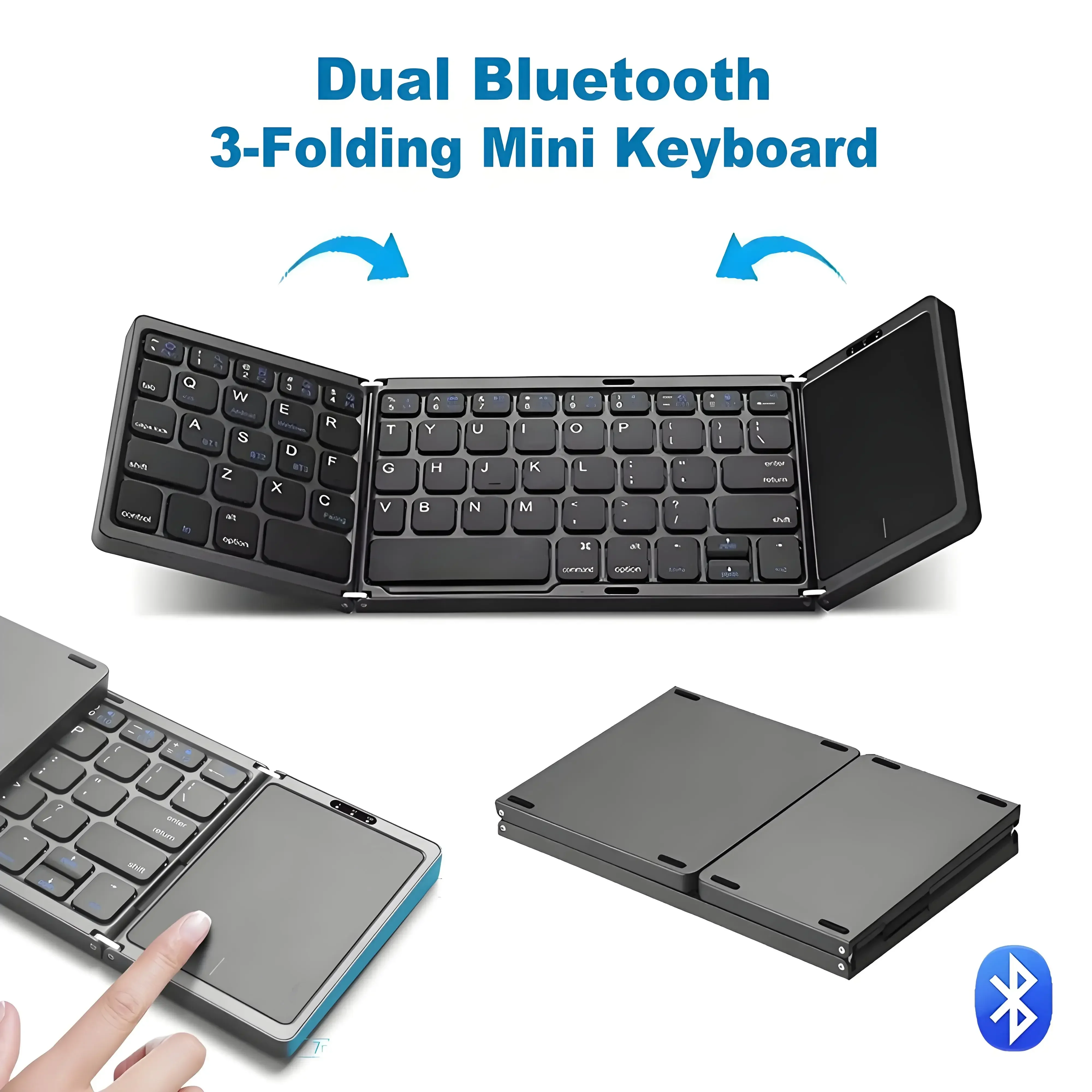 

Dual Bluetooth Keyboard 3-Folding Mini Keyboard Rechargeable Foldable Portable Keyboard with Touchpad for Win Android IOS iPad