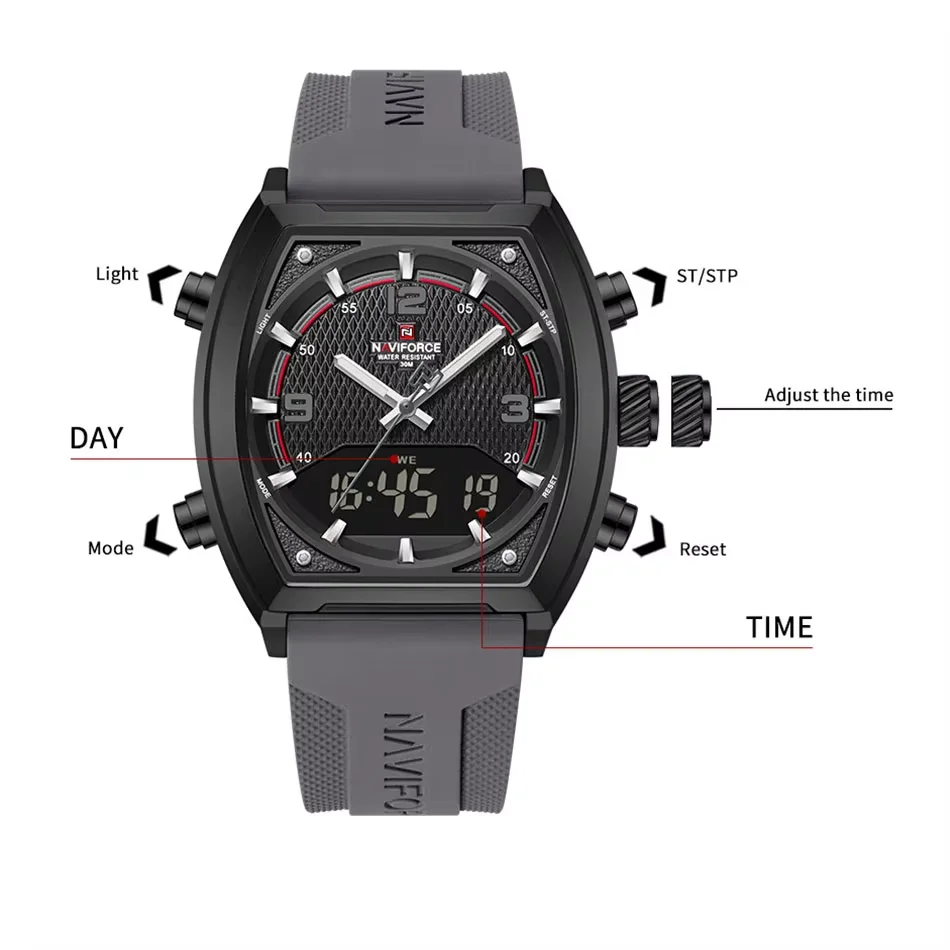 NAVIFORCE Brand Men Sports Watches Dual Display Analog Digital Electronic Quartz Wristwatches Waterproof Military Tonneau Watch