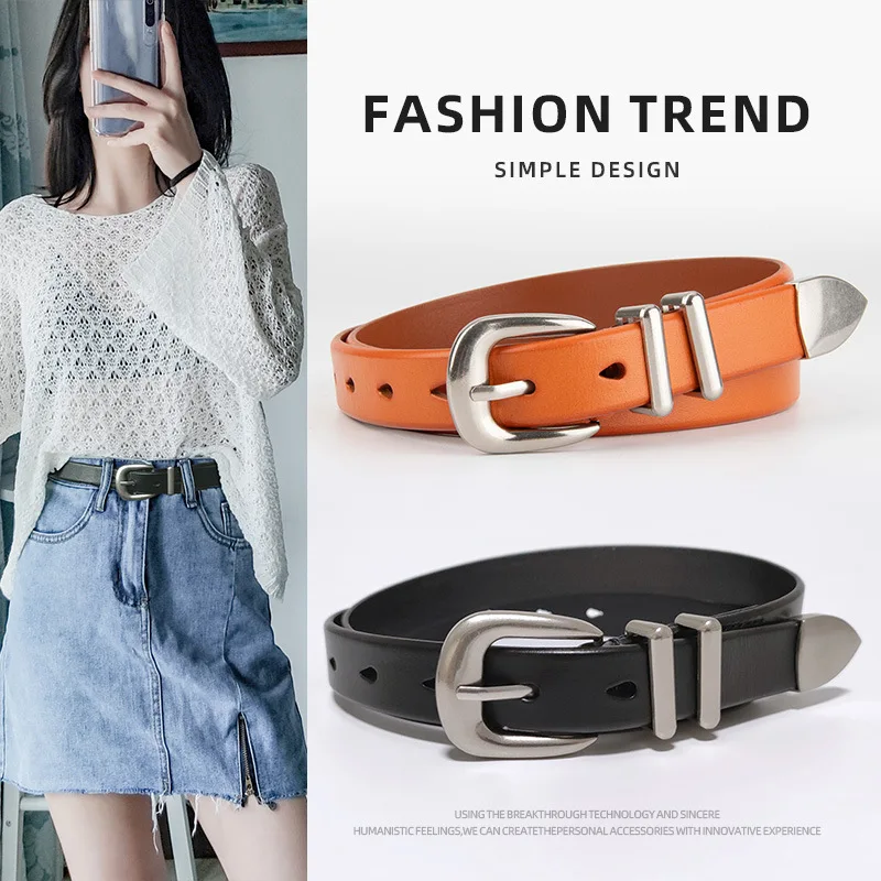 

Top layer cowhide genuine leather women's belt versatile silver buckle retro belt with jeans casual belt female style slim