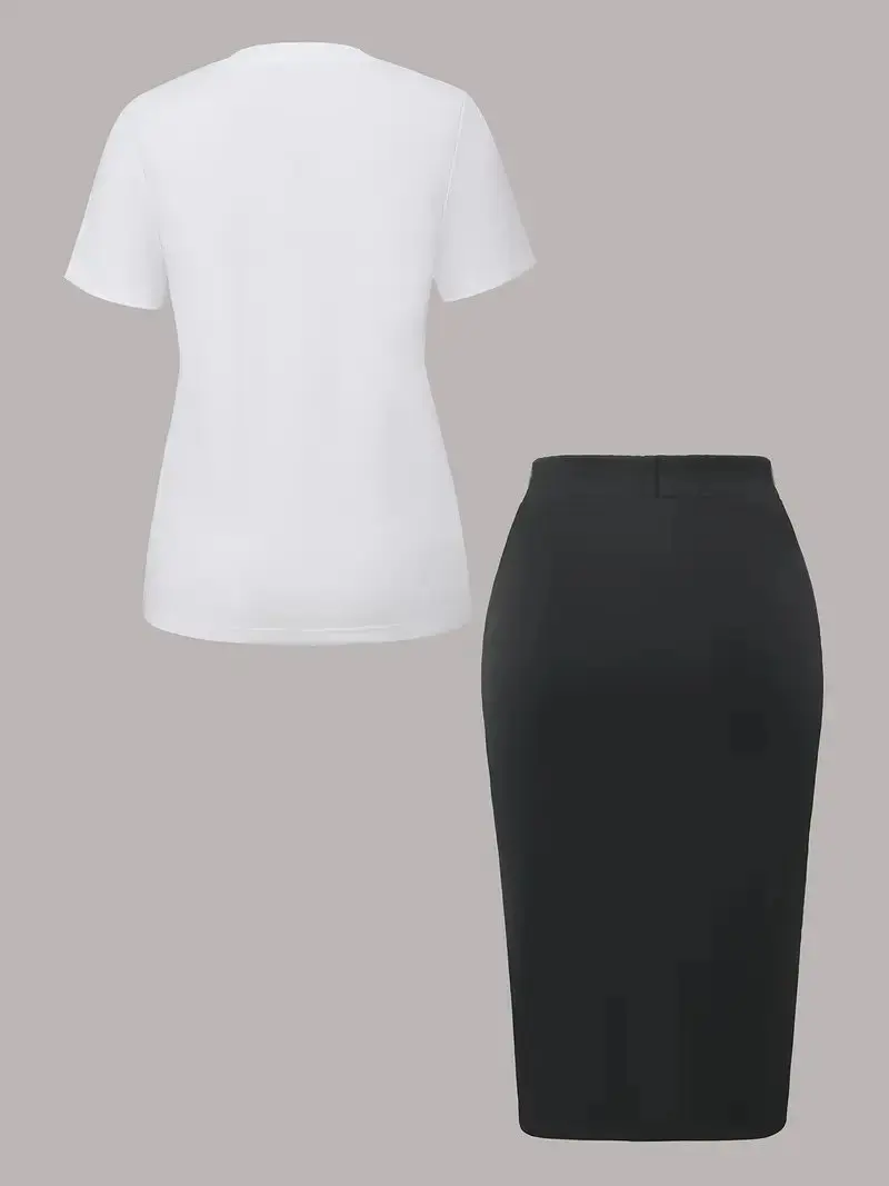 Spring and Summer Women's Casual Style Floral Print Round Neck Short-Sleeved T-Shirt + Slim Waist-Cinching Pocket Slit Skirt