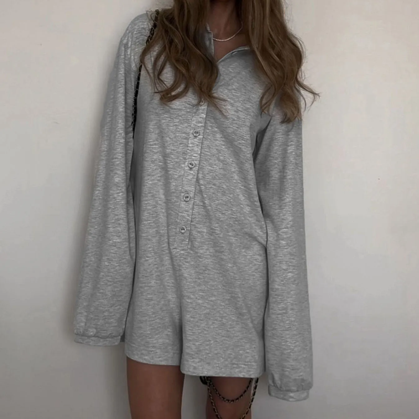 

American Casual Women's Playsuits Spring&Summer Lapel Long Sleeved Jumpsuit Solid Color Simple Loose Retro Female Rompers