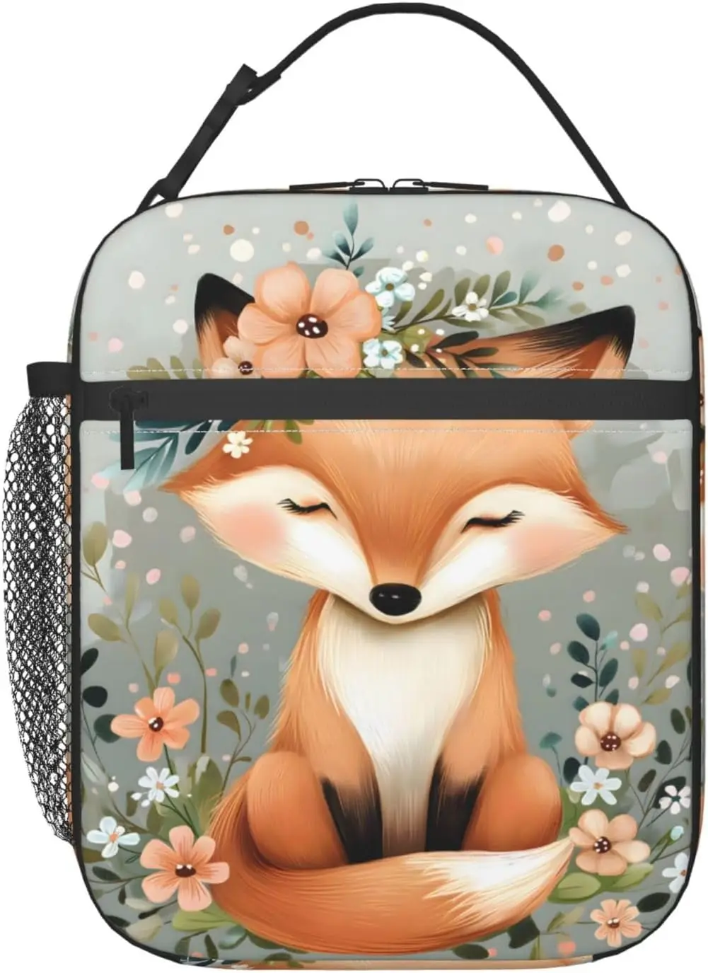 Reusable Cute Flower Fox Lunch Box for Kids, Insulated Floral Bag,Polyester Cooler Animal Lovers Handbags Case for School Picnic