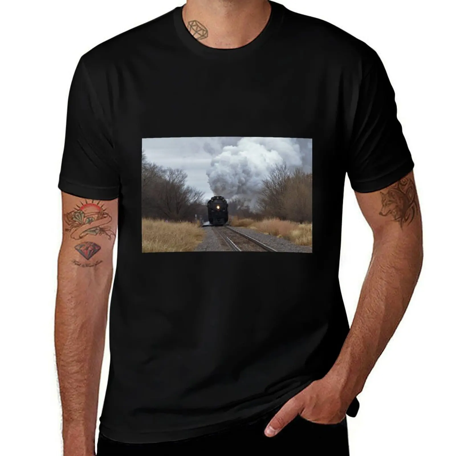 Big Boy 4014 with Steam,Smoke and Prairie grass and sky with tree's. T-Shirt All Weather Casual Short Sleeve