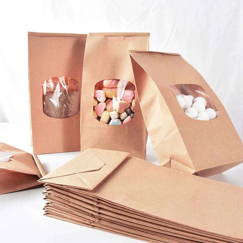 

10Pcs Bakery Bags With Clear Window Sealing Grease Proof Kraft Paper Bag Snack Cookie Popcorn Candy Sandwich Party Gift Bags