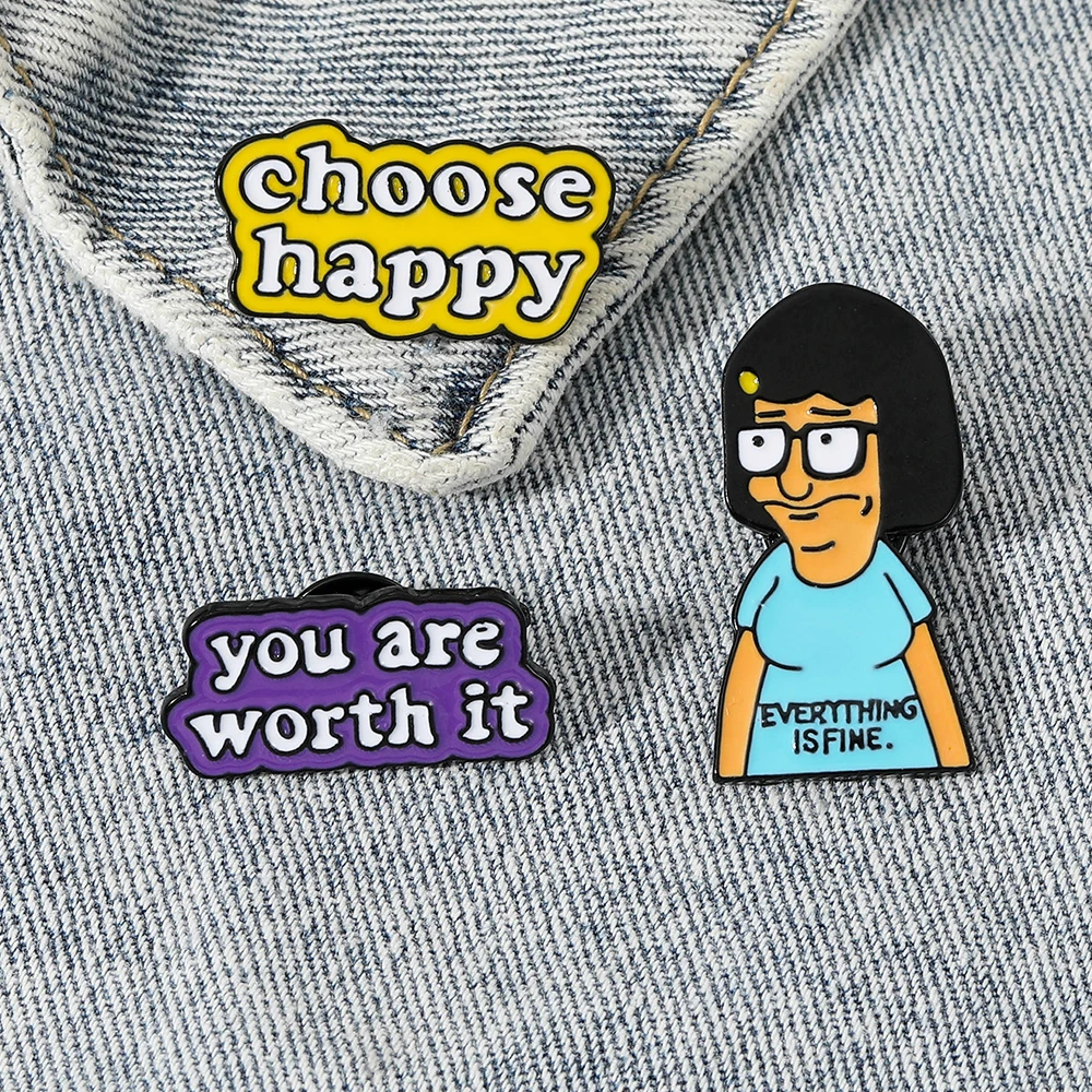 New Nice Hope Wish Bless Letter Brooches Choose Happy You are Worth It Everything Is Fine Enamel Pins For Friends Gift