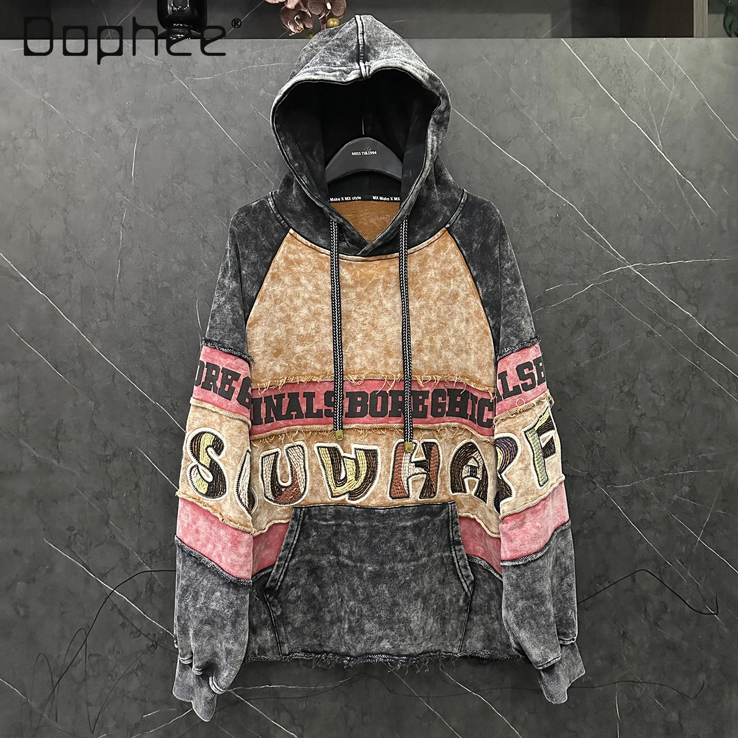 

2025 Autumn Heavy Industry Letter Embroidery Hooded Color Block Sweatshirt for Women Loose Fashion Versatile High-end Top Coat