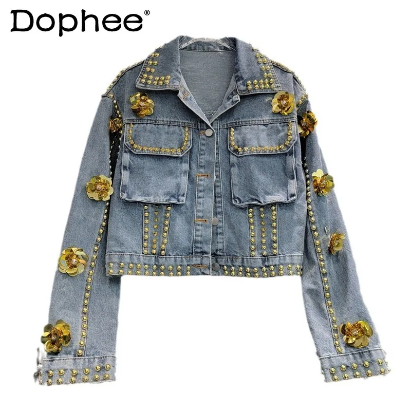 

Street Heavy Industry Denim Coat Female Short Loose Long Sleeves Beaded Three-Dimensional All-Match Flowers Denim Coat Women