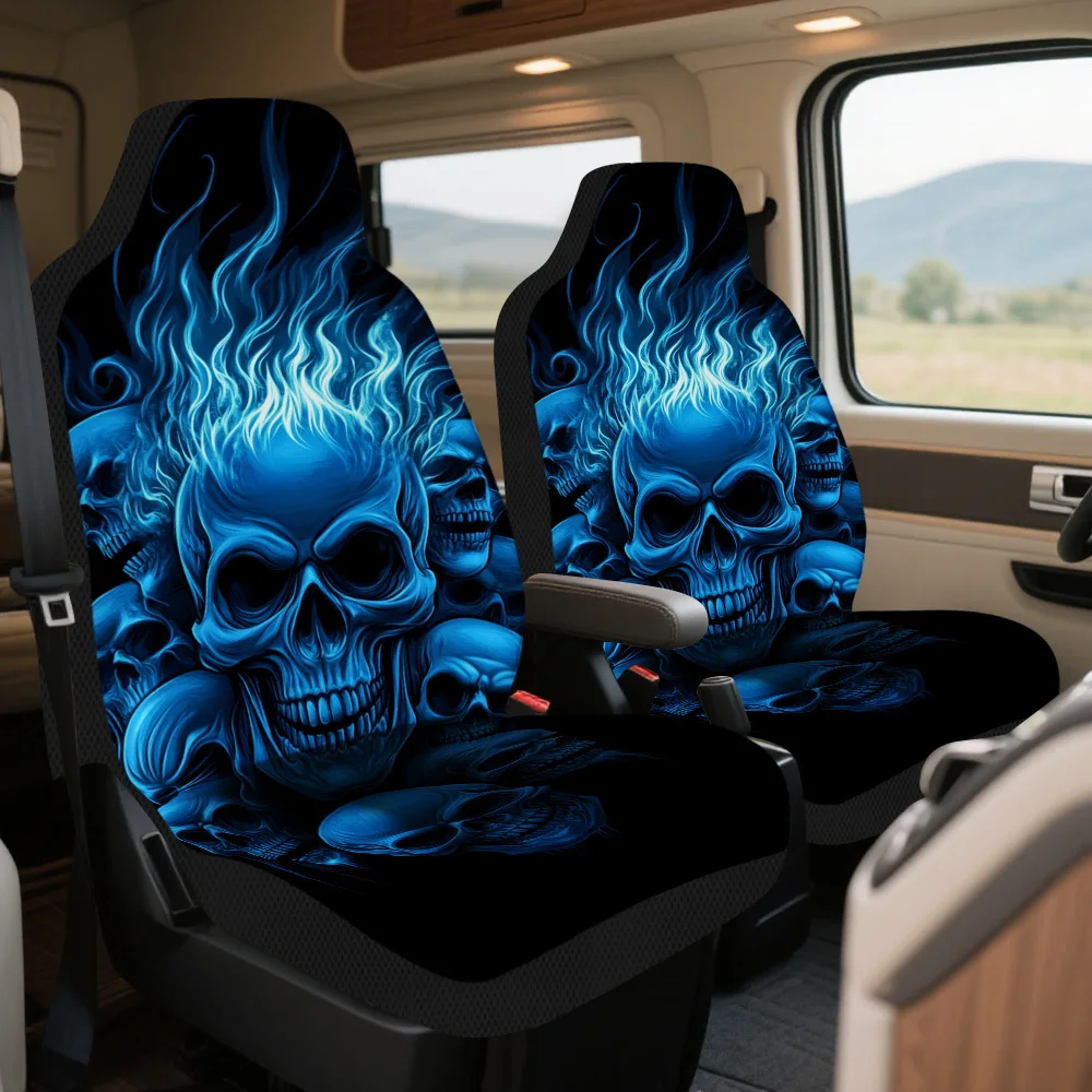 2pcs Halloween Fiery Skulls Print Car Seat Covers – Universal Auto Front Seat Protectors For Cars, SUVs & Sedans, Durable And Ea