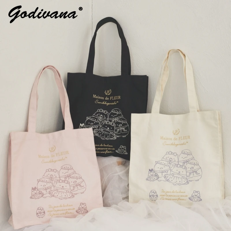 Japanese Style Embroidery Canvas Shoulder Bag Students Female Commuter Environmental Protection Women\'s Shopping Bags