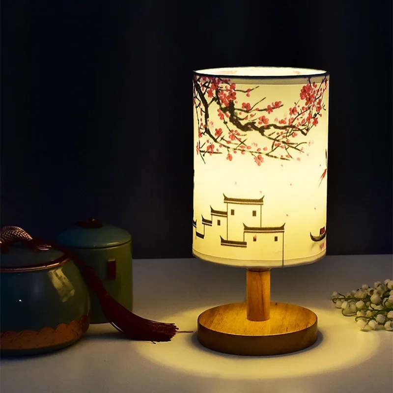 LED Square Decoration Plum BlossomTable Lamps Dimmable EU Plug Night Light Chinese Style Fabric Simple  Bedroom Bedside Lights