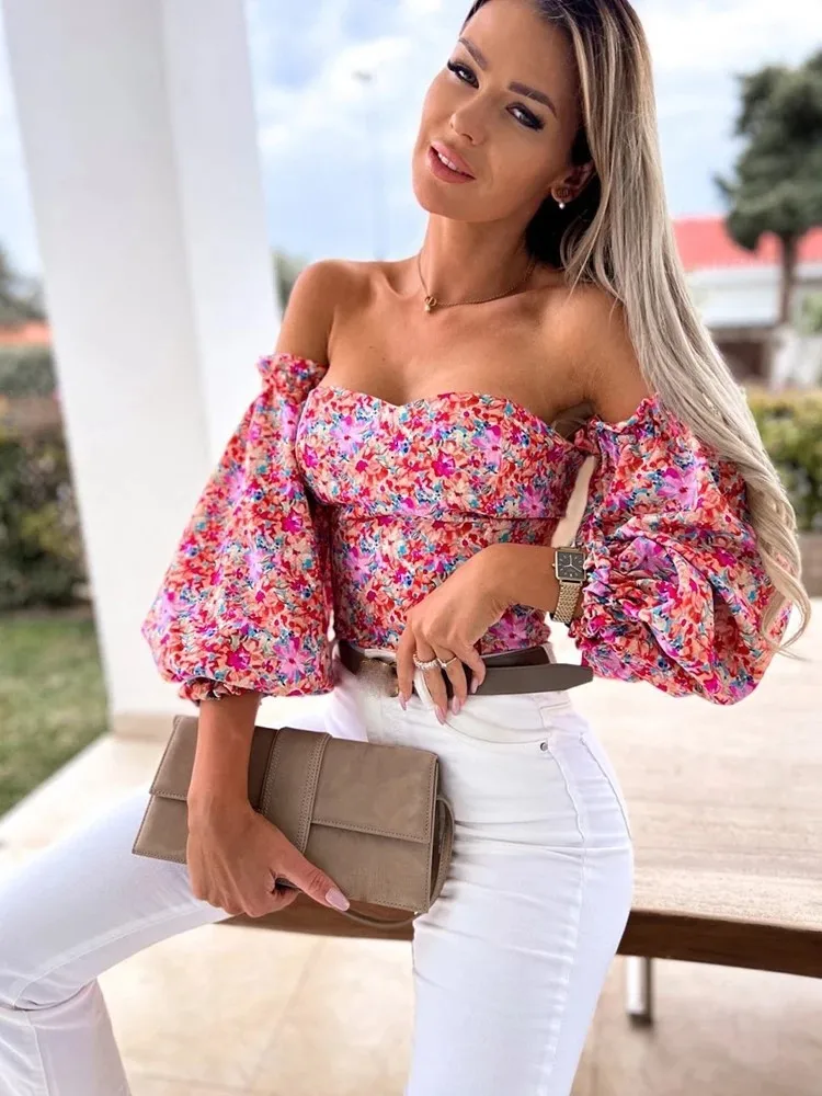 Spring Summer Sexy Off Shoulder Women Blouse Fashion Puff Sleeve Bodycon Short Top Casul Holiday Beach Floral Blouses Tops