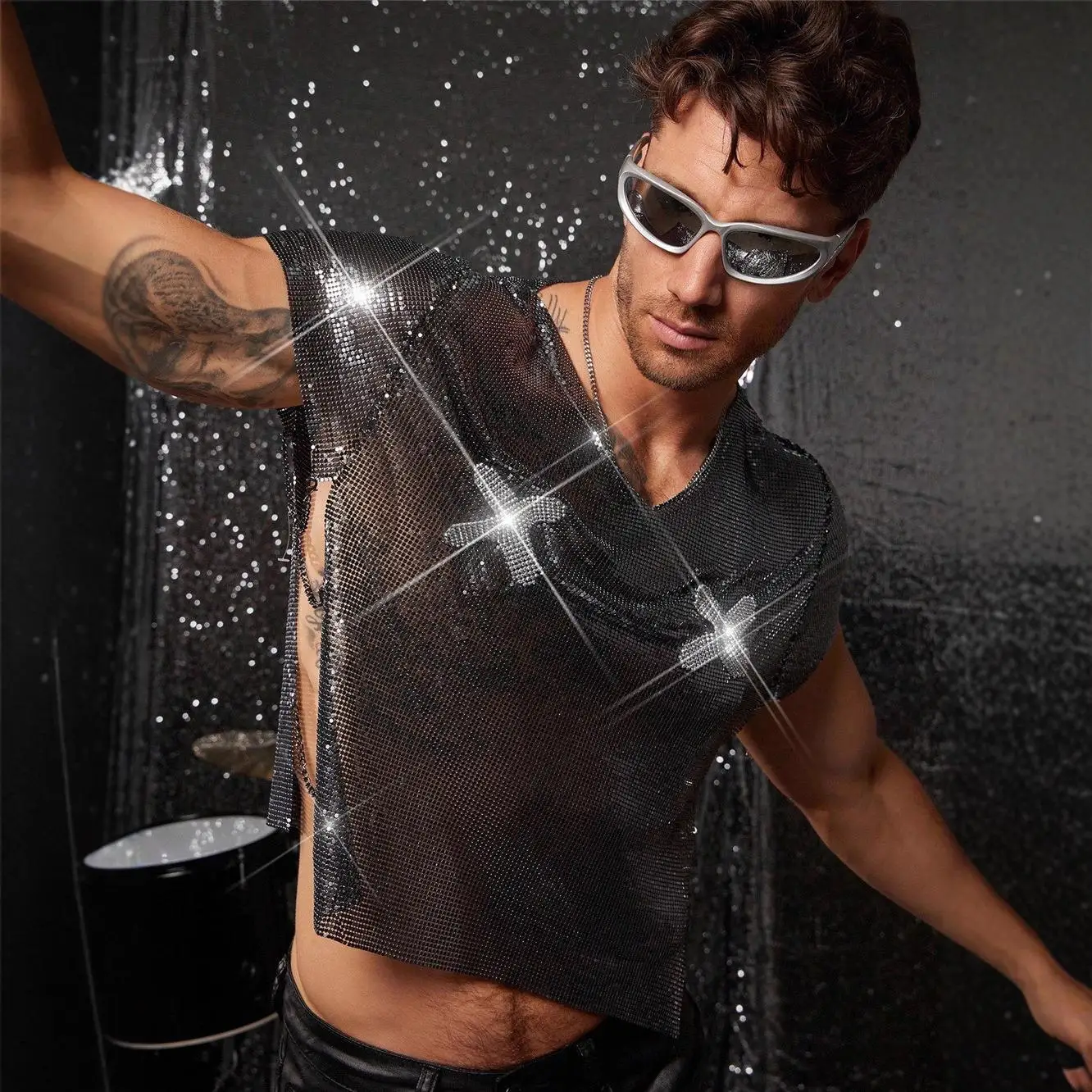 

Heavy Metal Sle Rhinestone Clothing Aluminum eet Vest Top for Par Club Music Festival Nightclub Women's Faion