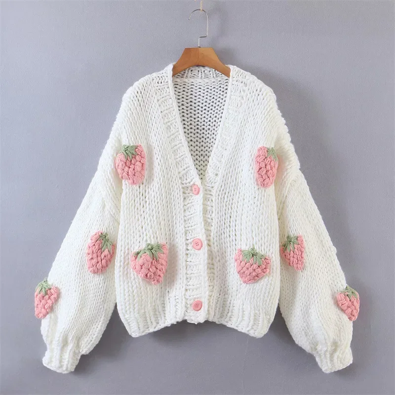 Autumn Women\'s Clothes Fashion Embroidery Strawberry Knitted Sweater Cardigan Sweet V-Neck Lantern Long Sleeve Loose Coat 29792