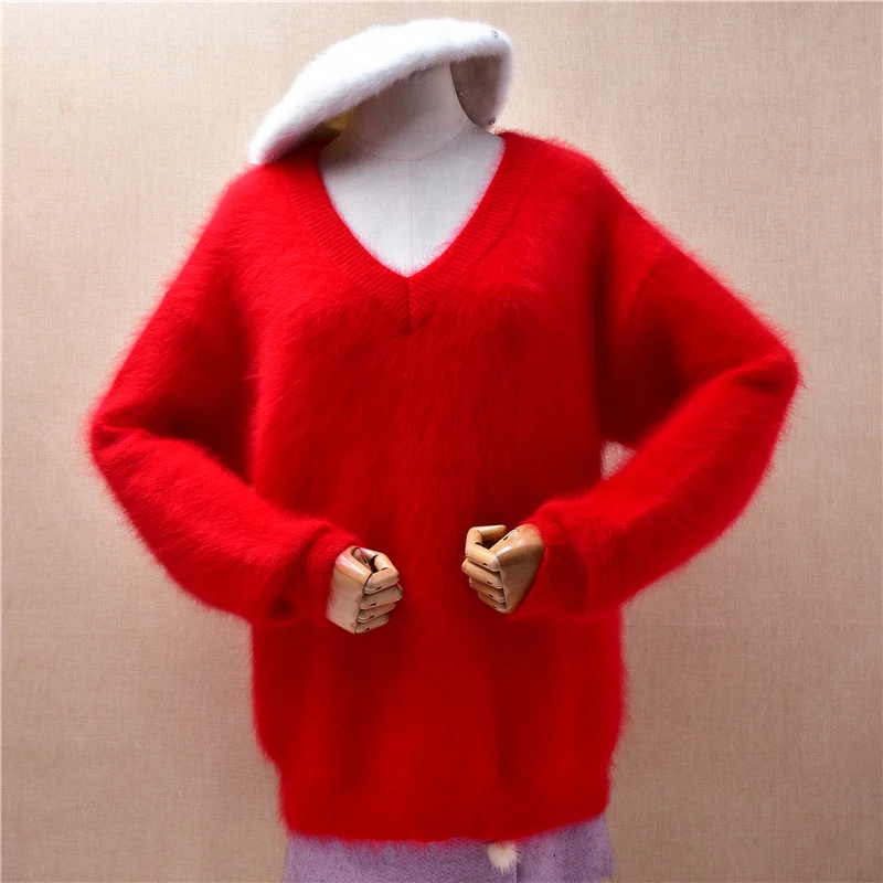 

Женский Mujer осенне-зимний толстый теплый рождественский красный волосатый норковый кашемировый вязаный свободный пуловер с v-образным вырезом и длинными рукавами, свитер, джемпер
