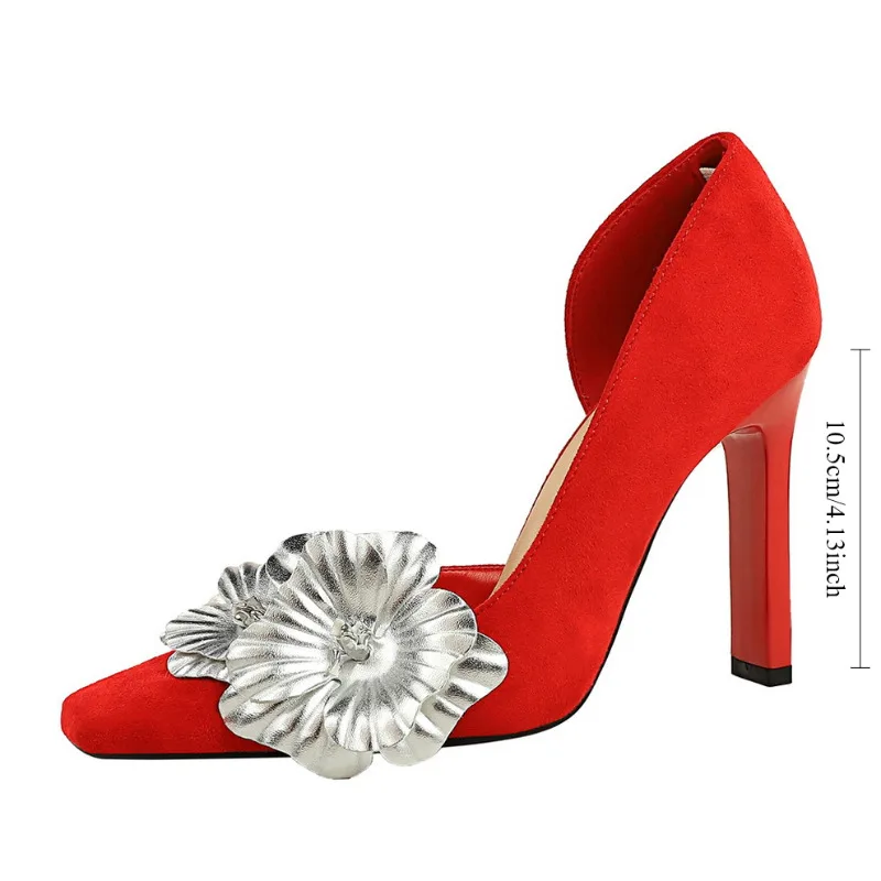 

Big Flower Women Pumps Dance Wedding Platform High Heels 11cm Suede Blue Metal buckle side clearance Red and Black size 35-43