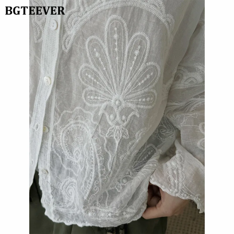 BGTEEVER Vintage Floral Embroidery Semi-sheer Cardigan Shirt Loose Fit Women's White Top