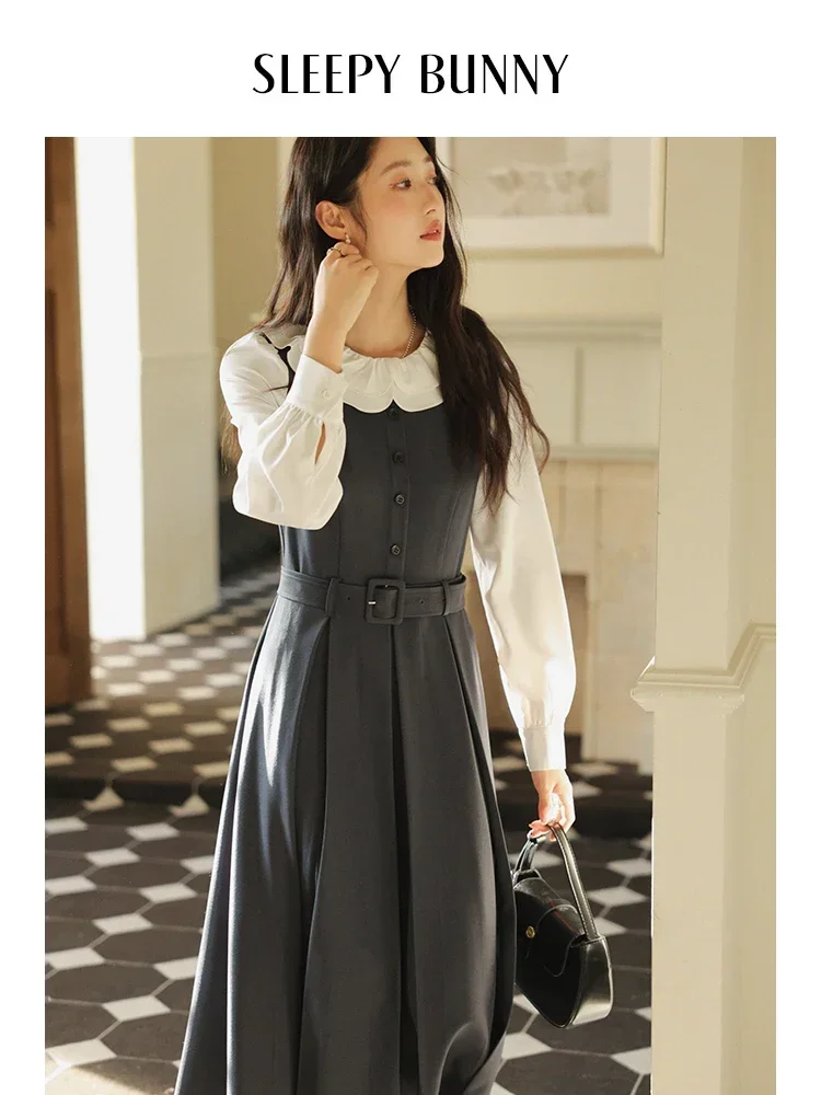 

French Style Contrast Ruffle Collar Maxi Dress Women Spring Elegant Faux Two-Piece Dress High Waist Flowing Long Sleeve Dress