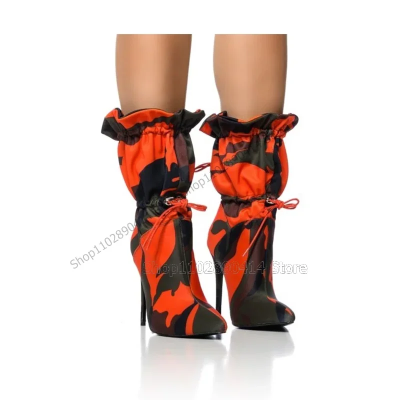 รองเท้าบูทส้นสูงแบบผูกเชือก ลายพรางหลากสี ปลายแหลม แฟชั่นใหม่ ปี 2023 สำหรับผู้หญิง