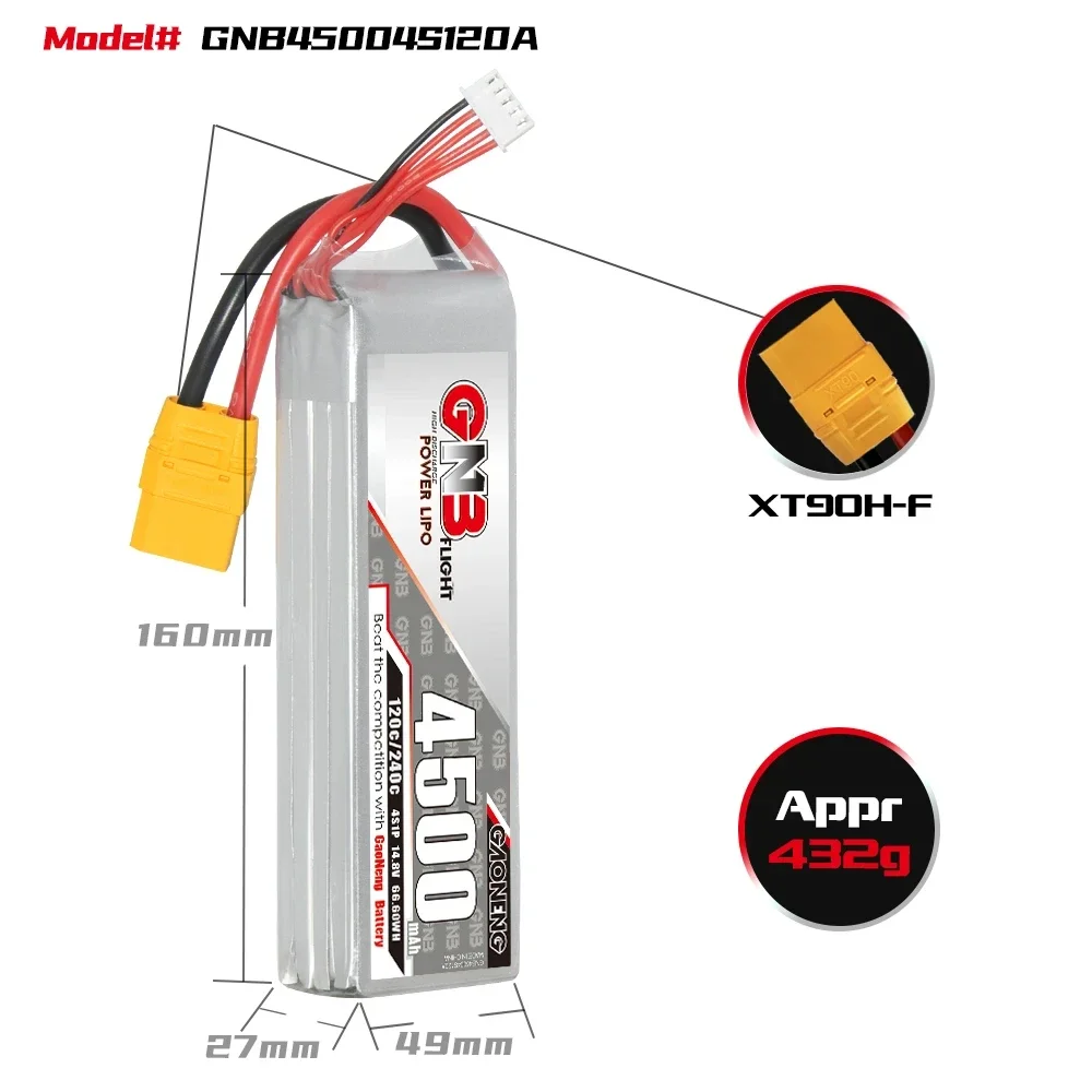 Bateria GAONENG-GNB LiPo, 4500mAh, 3S, 4S, 6S, 120C, XT90, carro RC, 300mm a 360mm, 7 polegadas, FPV Drone FMS, 70mm, jatos EDF