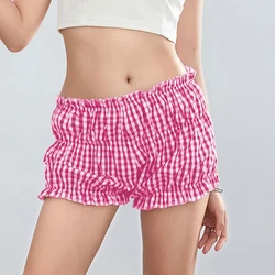 Pantalones cortos a cuadros rojos y blancos de verano para mujer Y2k cintura elástica borde con volantes pantalones cortos para pastel parte inferior dulce chica Lolita Petipants